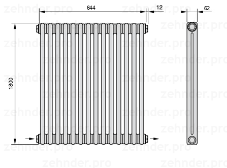 Схема (чертеж) Радиатор Zehnder Charleston 2180/14 №2670 Белый глянцевый RAL 9016
